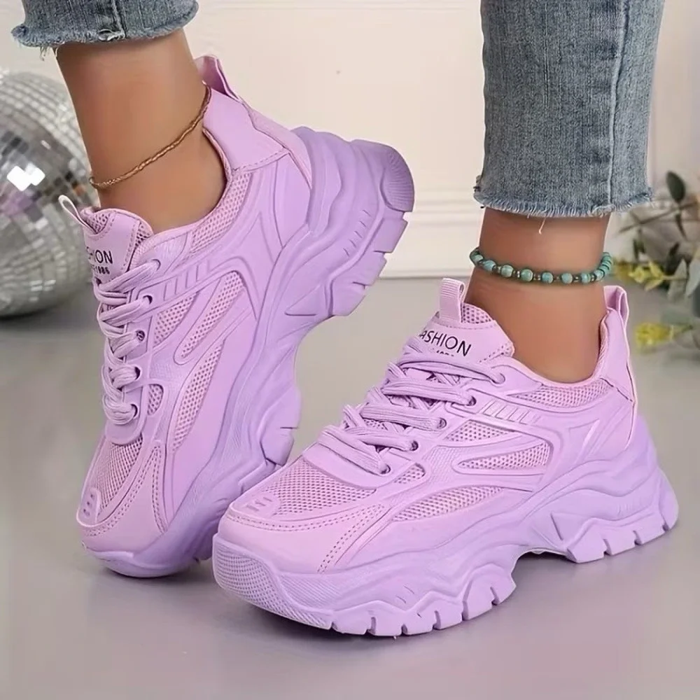 Purple Chunky Platform Sneakers W Thick -Slip Sole, Height Increase & Cushioned